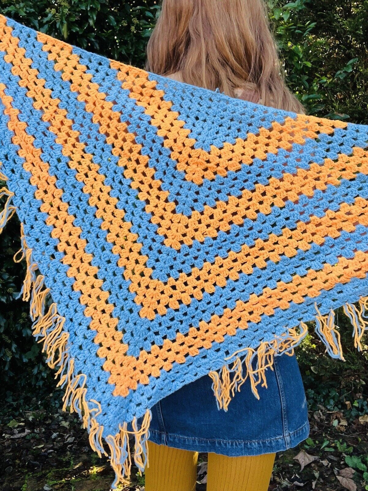 Vintage Boho Crochet Shawl Hippie Triangle Knit Wrap Cape Cottage Whimsy Scarf