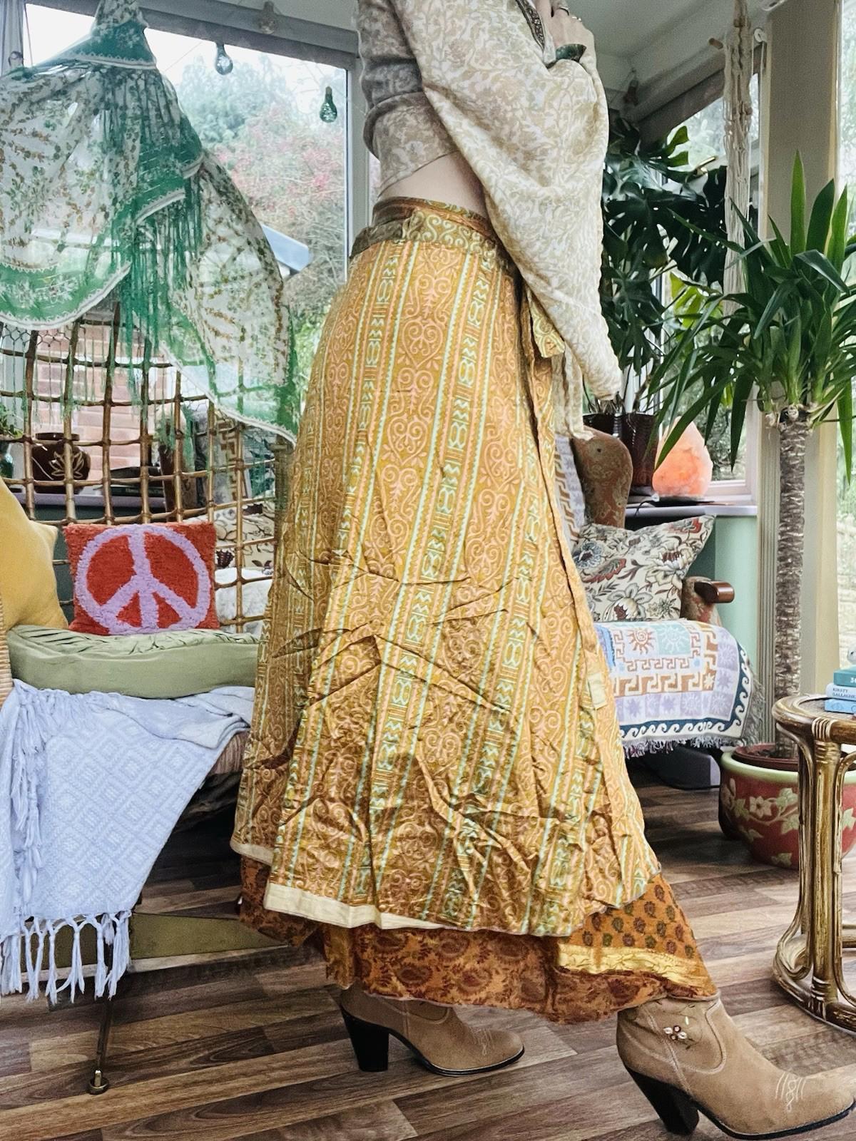 Layered Hippie Maxi Skirt Vintage Sari Silk Hippie Boho Long Gypsy Wrap Skirt