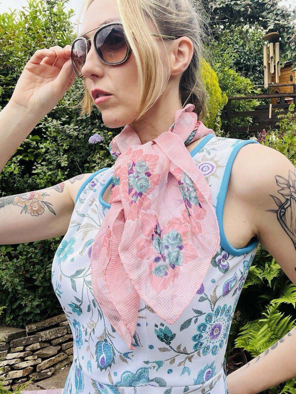 Vintage 1970s Neck Scarf By Debenhams With Sheer Pink Floral Design