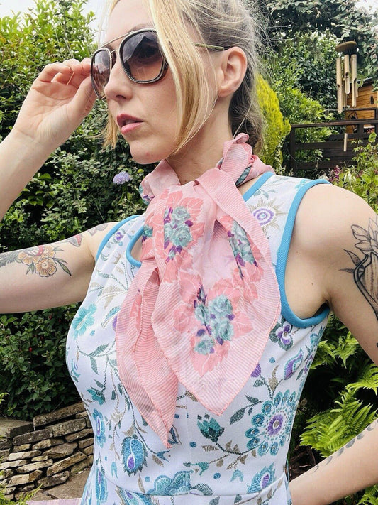 Vintage 1970s Neck Scarf By Debenhams With Sheer Pink Floral Design