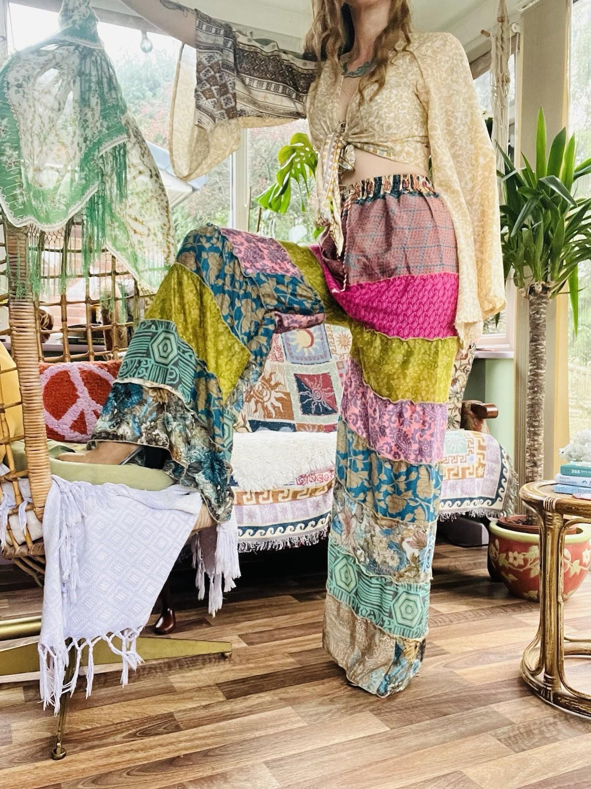 Wide Leg Trousers Vintage Patchwork Layered Sari Silk Hippie Boho Gypsy Pants M