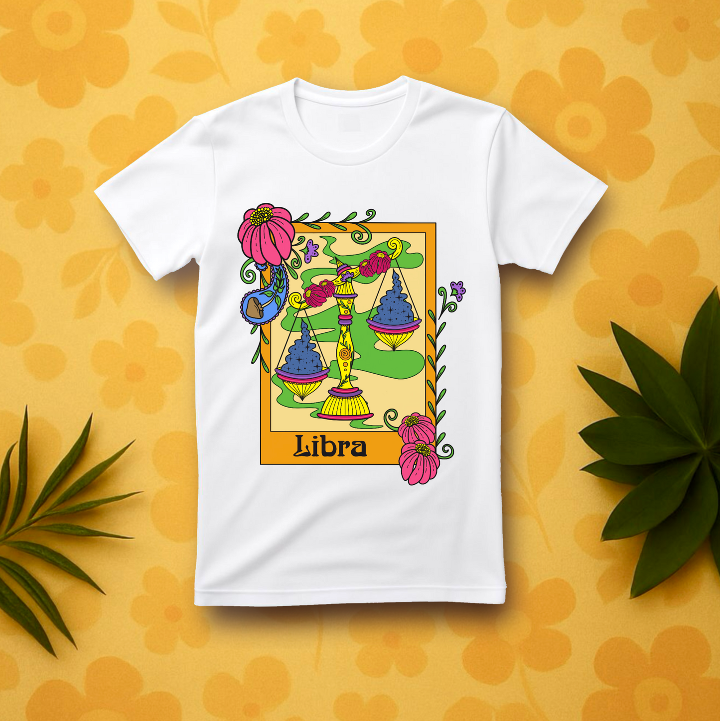 Libra star sign T-Shirt, scales zodiac astrology top, Horoscope birthday gift Tee, Bold retro colourful Design tshirt