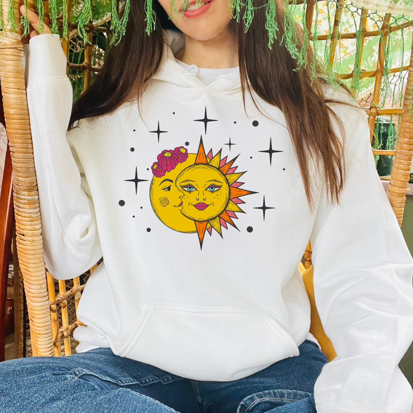 Celestial Sun and Moon Hoodie jumper, Boho Stars and flowers Sweater, Galaxy Graphic Sweatshirt, whimsical Top