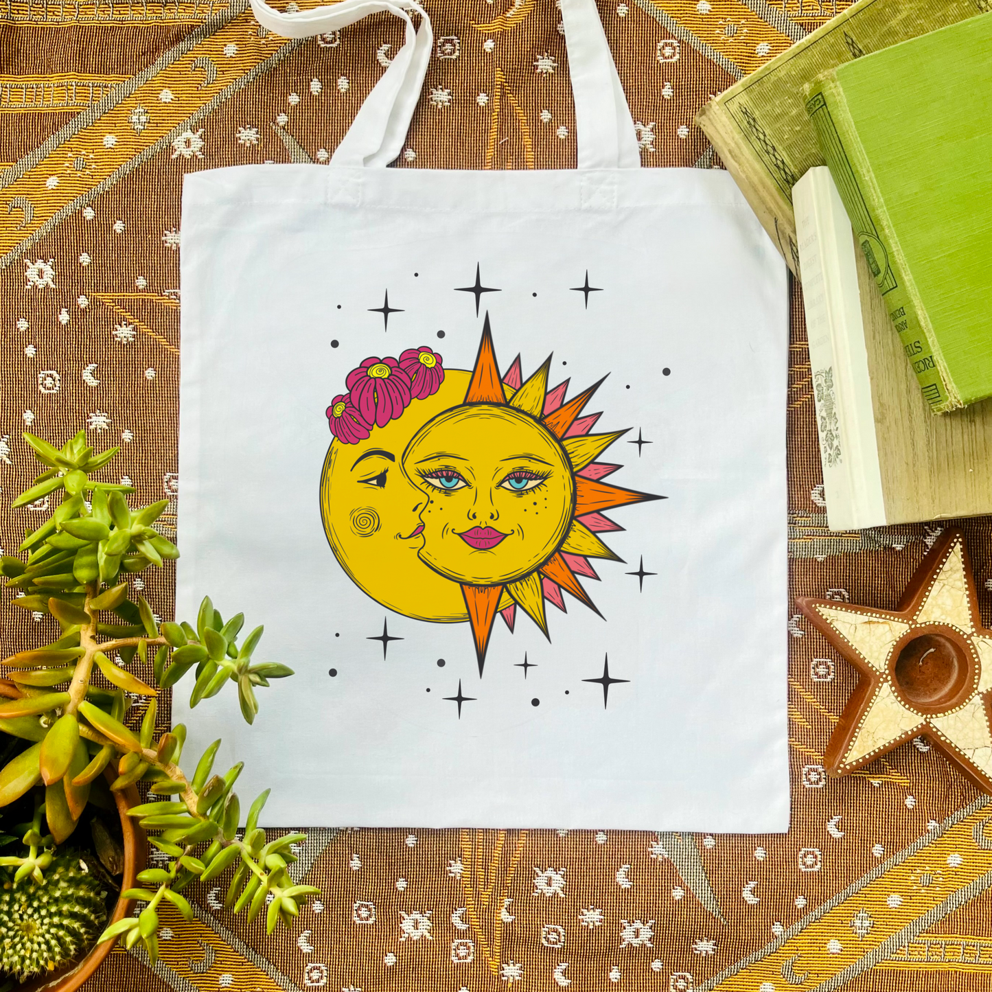 Sun and moon Tote bag, celestial astrology shopper, whimsical gift handbag, bohemian 100% cotton carrier bag