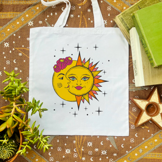 Sun and moon Tote bag, celestial astrology shopper, whimsical gift handbag, bohemian 100% cotton carrier bag