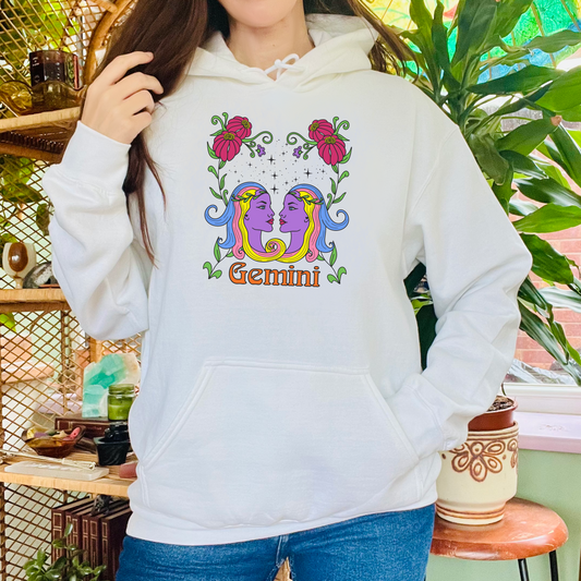 Gemini star sign Hoodie, Twins zodiac astrology Jumper, Horoscope birthday gift sweatshirt, Bold retro colourful Design top