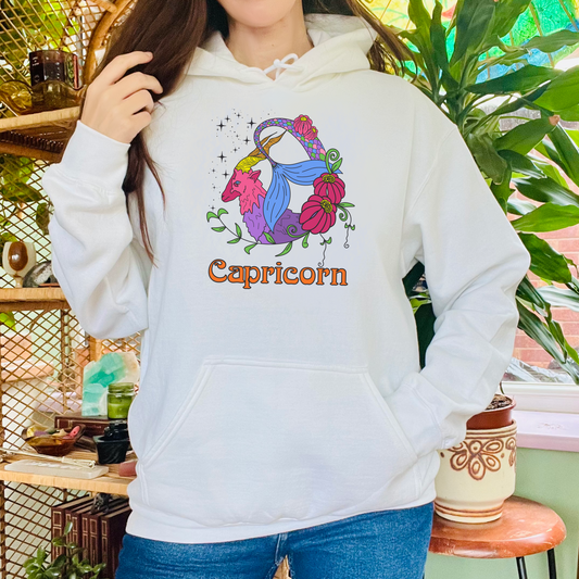Capricorn star sign Hoodie, Sea goat zodiac astrology Jumper, Horoscope birthday gift sweatshirt, Bold retro colourful Design top