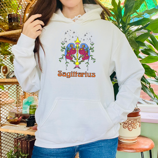 Sagittarius star sign Hoodie, Bow and arrow zodiac astrology Jumper, Horoscope birthday gift sweatshirt, Bold retro colourful Design top