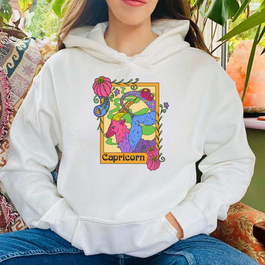Capricorn star sign Hoodie, Ram zodiac astrology Jumper, Horoscope birthday gift sweatshirt, Bold retro colourful Design top