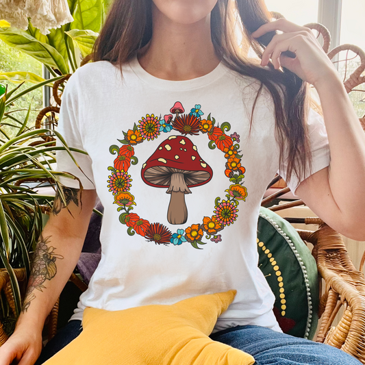 Hippie Floral Mushroom Tshirt, Boho 60s 70s Style top, Retro flower Power Festival Tee