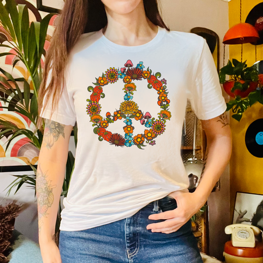 Hippie Peace Sign T-shirt, Retro Floral 60s 70s tee, Colourful CND flower power top