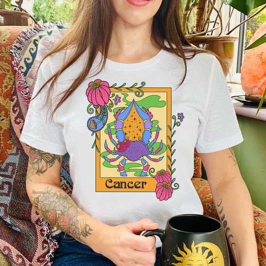 Cancer star sign T-Shirt, crab zodiac astrology top, Horoscope birthday gift Tee, Bold retro colourful Design tshirt