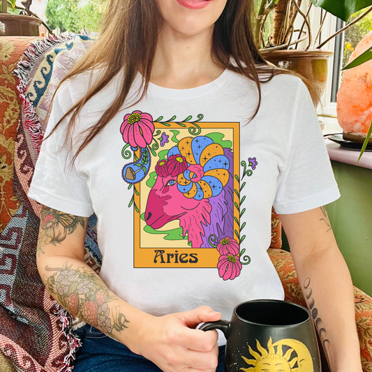 Aries star sign T-Shirt, Ram zodiac astrology top, Horoscope birthday gift Tee, Bold retro colourful Design tshirt