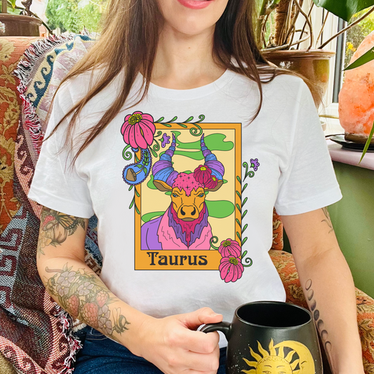 Taurus star sign T-Shirt, Bull zodiac astrology top, Horoscope birthday gift Tee, Bold retro colourful Design tshirt