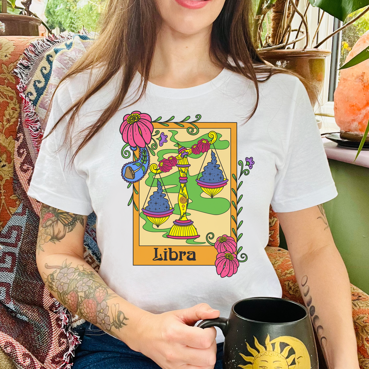 Libra star sign T-Shirt, scales zodiac astrology top, Horoscope birthday gift Tee, Bold retro colourful Design tshirt