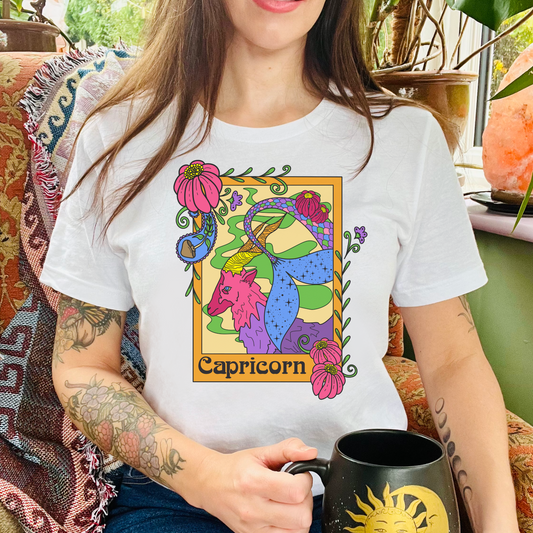 Capricorn star sign T-Shirt, Sea goat zodiac astrology top, Horoscope birthday gift Tee, Bold retro colourful Design tshirt