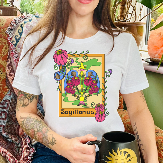 Sagittarius star sign T-Shirt, Bow and arrow zodiac astrology top, Horoscope birthday gift Tee, Bold retro colourful Design tshirt