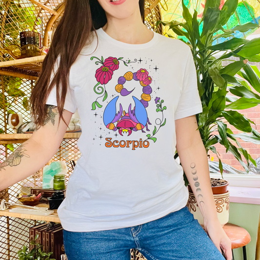 Scorpio star sign T-Shirt, Scorpion zodiac astrology top, Horoscope birthday gift Tee, Bold retro colourful Design tshirt