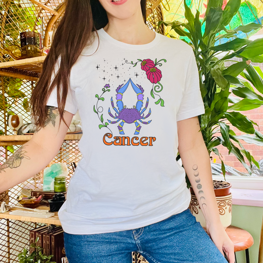 Cancer star sign T-Shirt, crab zodiac astrology top, Horoscope birthday gift Tee, Bold retro colourful Design tshirt