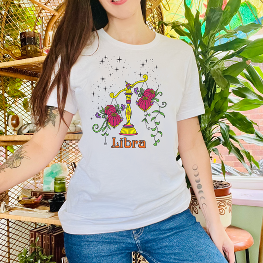 Libra star sign T-Shirt, scales zodiac astrology top, Horoscope birthday gift Tee, Bold retro colourful Design tshirt
