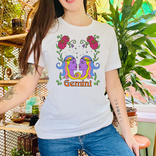 Gemini star sign T-Shirt, Twins zodiac astrology top, Horoscope birthday gift Tee, Bold retro colourful Design tshirt