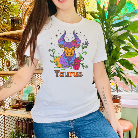 Taurus star sign T-Shirt, Bull zodiac astrology top, Horoscope birthday gift Tee, Bold retro colourful Design tshirt