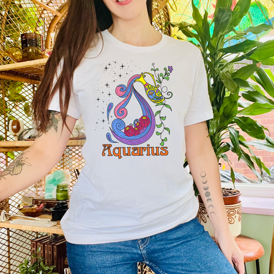 Aquarius star sign T-Shirt, water pale zodiac astrology top, Horoscope birthday gift Tee, Bold retro colourful Design tshirt