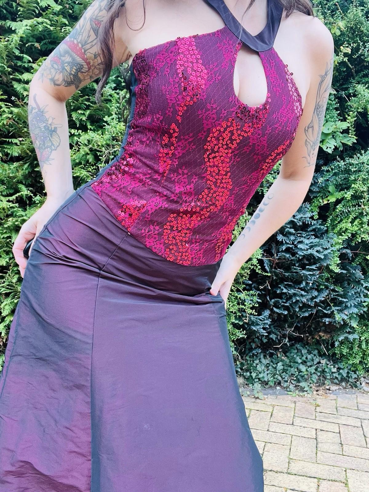 Vintage 1990s Cocktail Dress purple Lace Sequin Bodice Prom Party Ball Gown 8