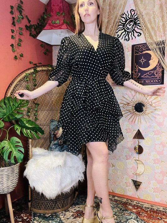 Vintage 1980s Polcadot Dress By Yessica Retro Floaty Assymetric Design Black 8