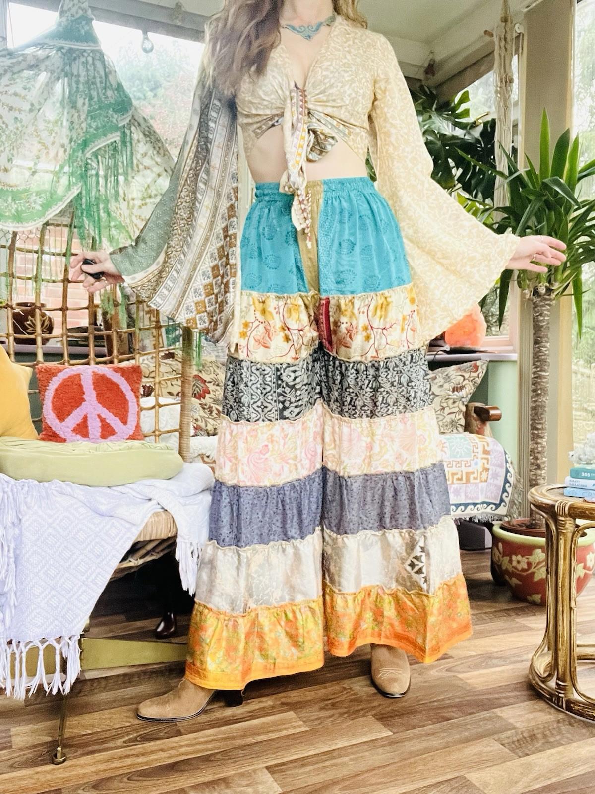 Wide Leg Trousers Vintage Patchwork Layered Sari Silk Hippie Boho Gypsy Pants M