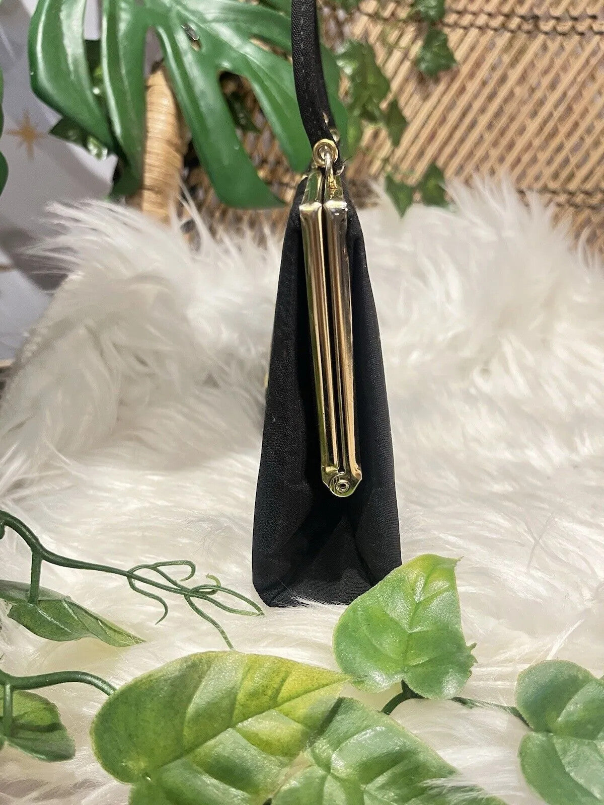 Vintage 60s Embroidered Handbag 1960s Evening Bag Top Handle Purse Black Gold