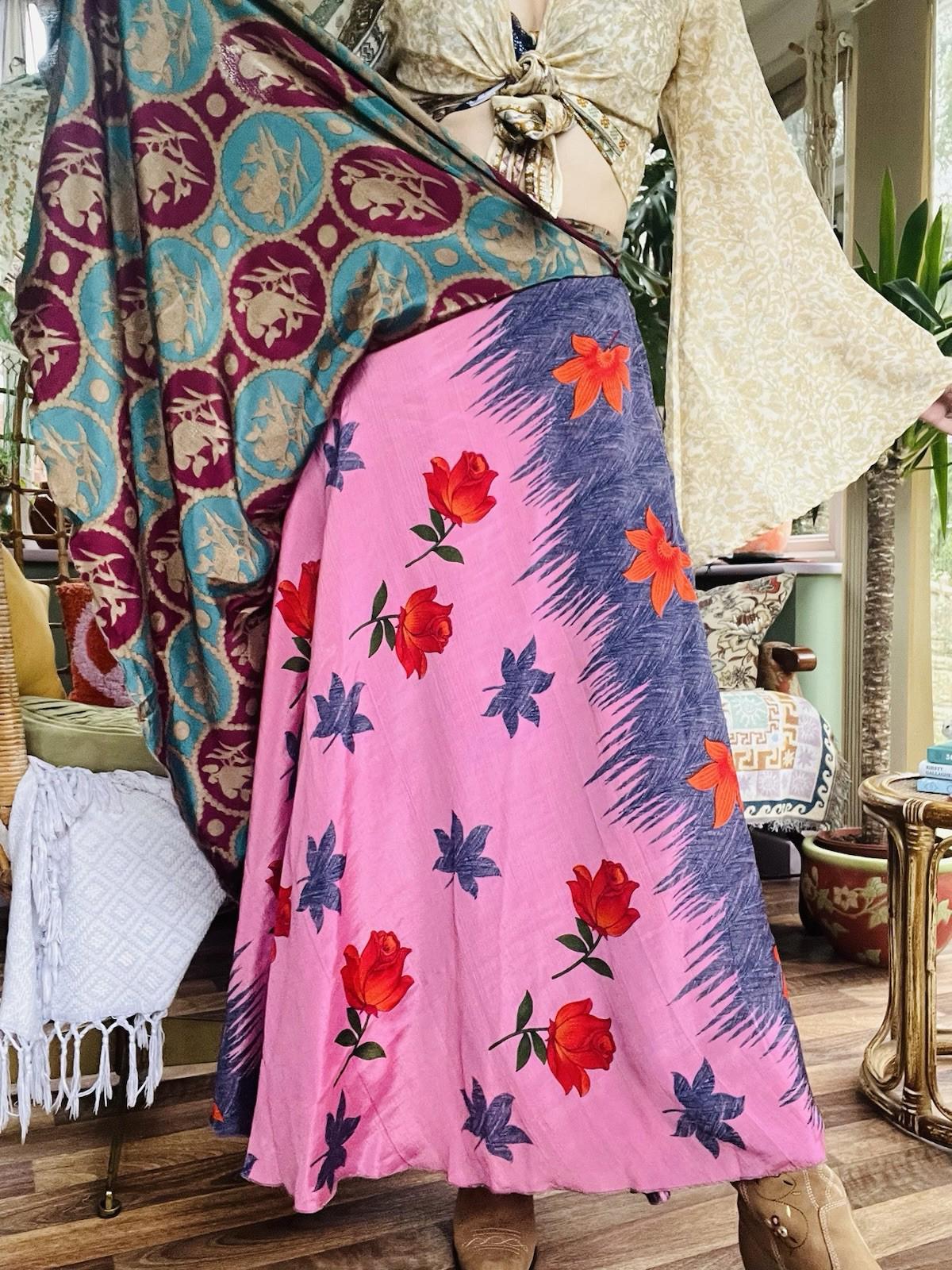 Layered Hippie Maxi Skirt Vintage Sari Silk Hippie Boho Long Gypsy Wrap Skirt