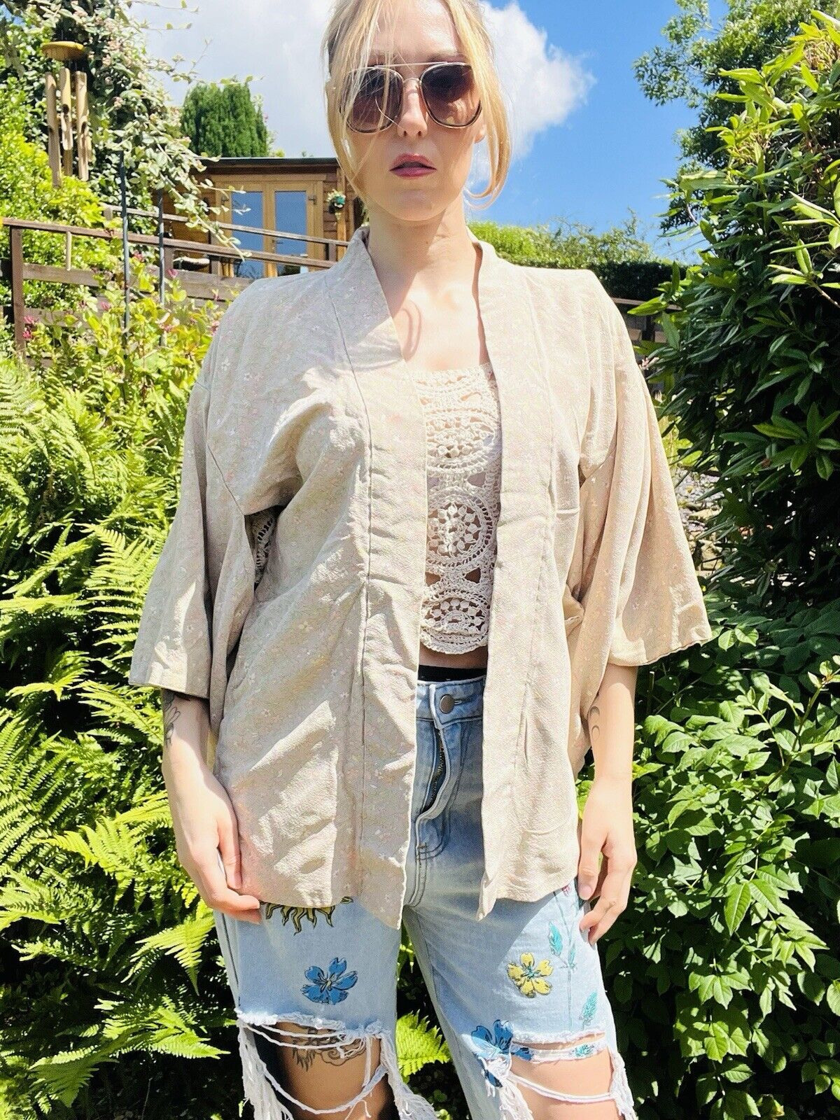 Vintage Hippie Boho Kimono With Jacket Pastel Ditsy Floral Print Free Size
