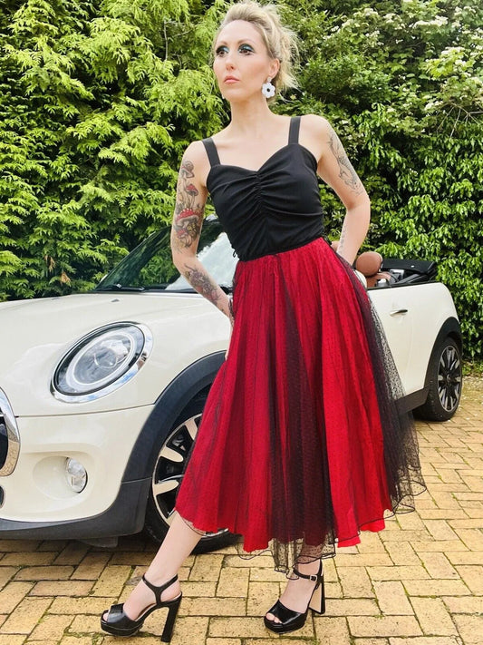 1980s Cocktail Dress Size 8 S True Vintage Black And Red Midi With Lace Overlay