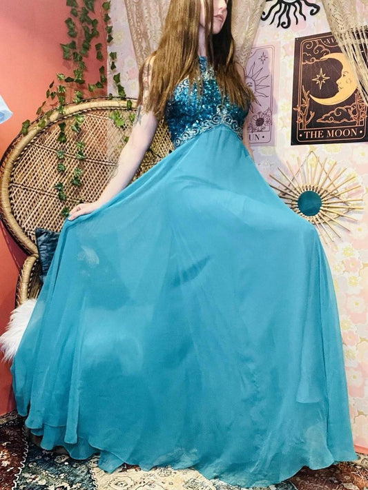 Vintage 1970s 1980s Dress Size 8 Teal Blue Designer Mike Benet Sequin Ball Gown