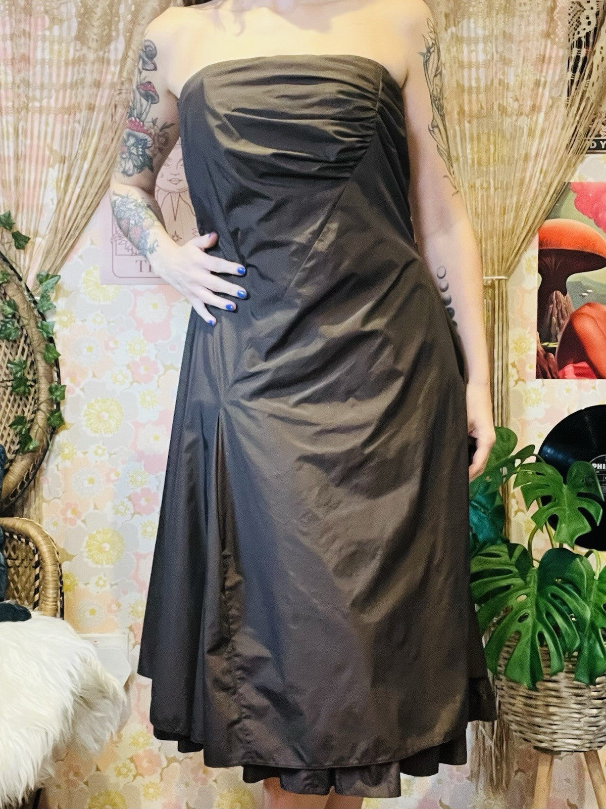 Vintage 1990s Prom Dress Strapless Cocktail Gown Brown Size 14