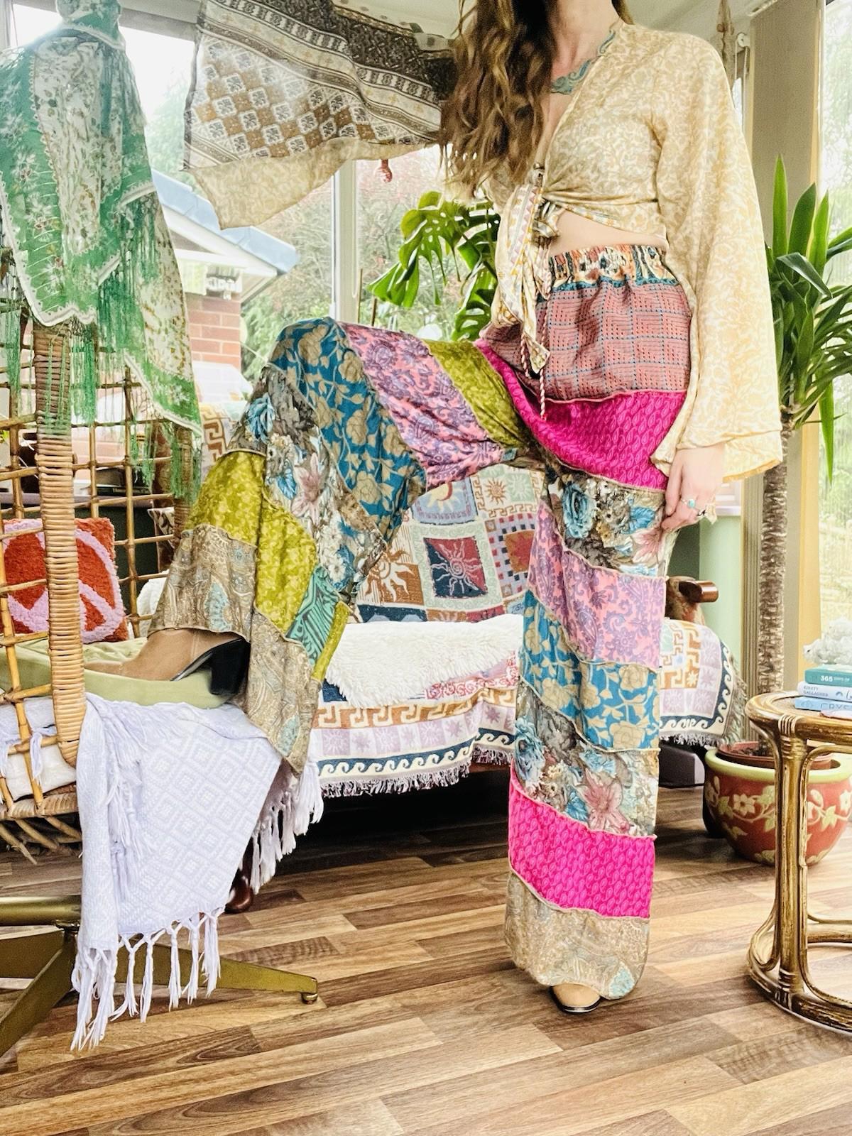 Wide Leg Trousers Vintage Patchwork Layered Sari Silk Hippie Boho Gypsy Pants M