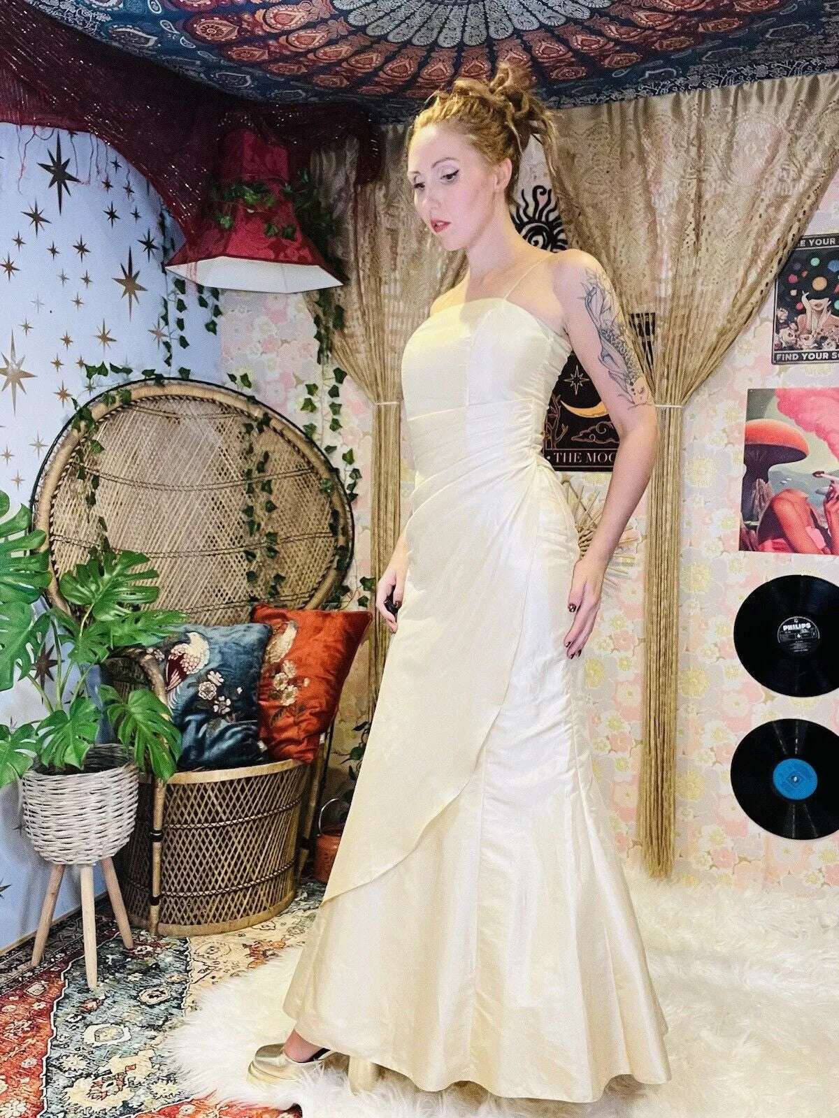 Vintage 90s Ball Gown By Prestige Ivory Cream Cocktail Dress Tie Back Size 8 10