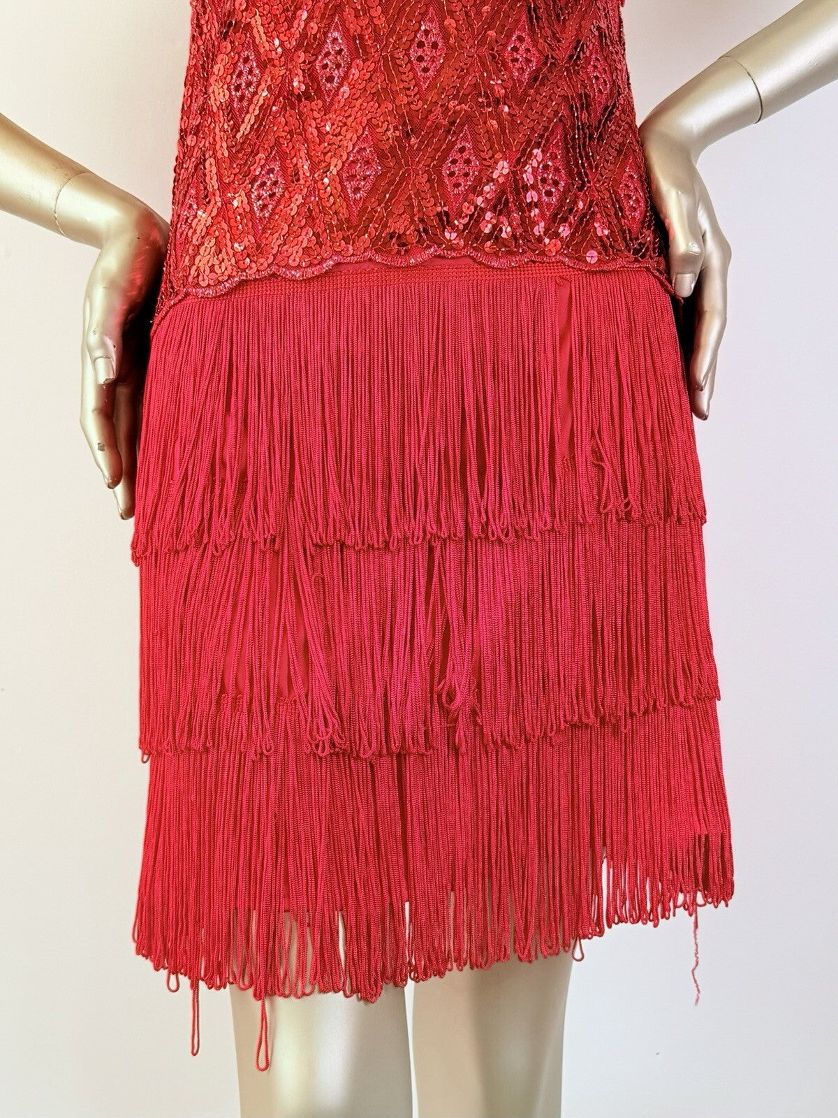Vintage 1980s Festival Dress Sequin Tassel Western Halterneck Flapper Red S 6