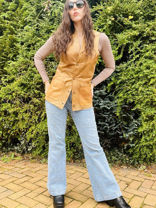 Vintage 1970s Leather Waistcoat, Tan Gilet With Pockets, Unisex Size S 8-10