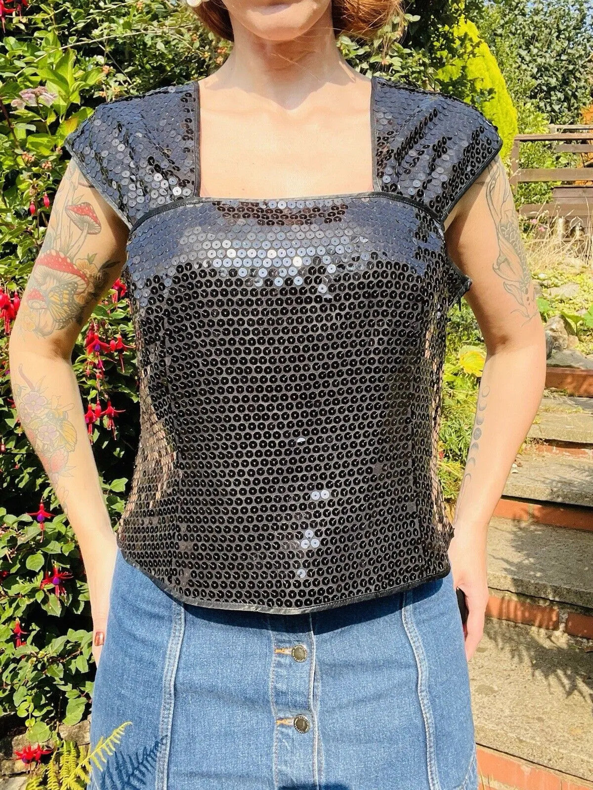 Vintage 80s Sequin Top 16 Black Sparkly Evening Tank Vest Top Sleeveless Cami