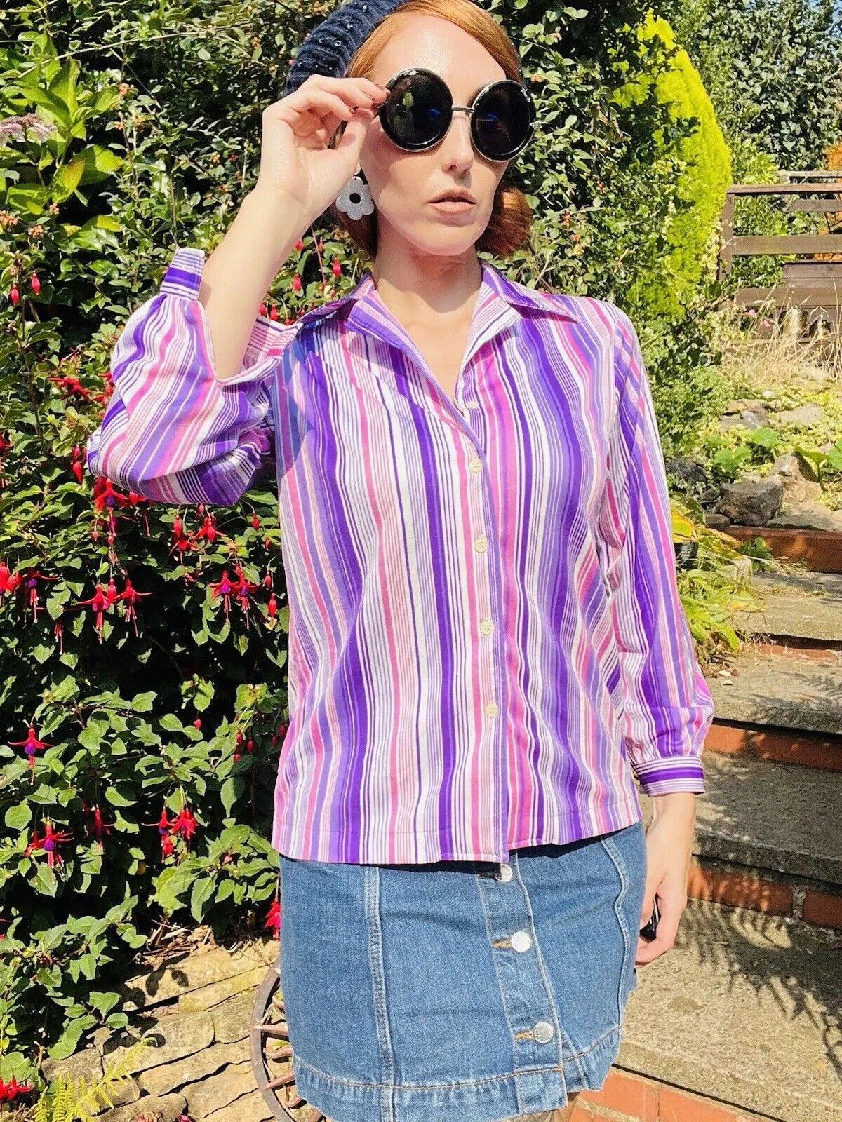 vintage striped shirt Size 12 14 Striped retro blouse 70s 80s Pink Purple