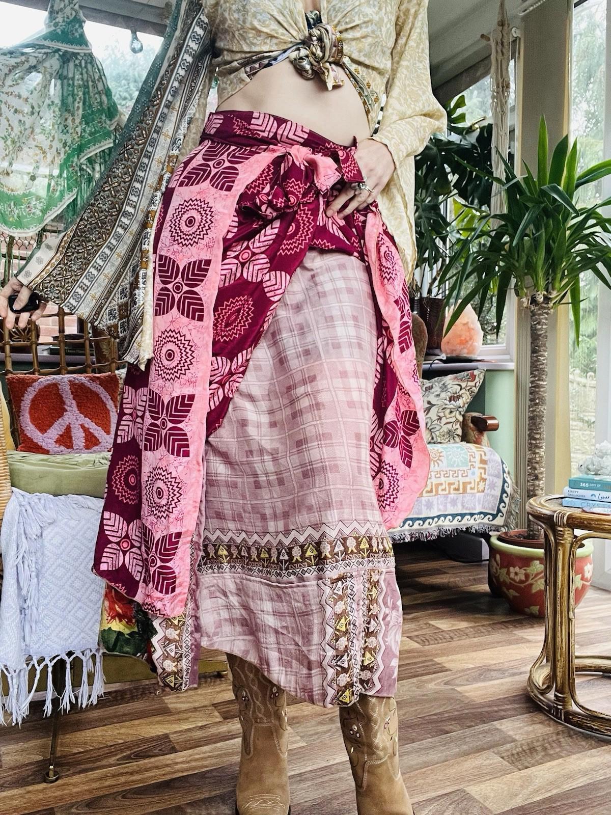 Layered Hippie Maxi Skirt Vintage Sari Silk Hippie Boho Long Gypsy Wrap Skirt