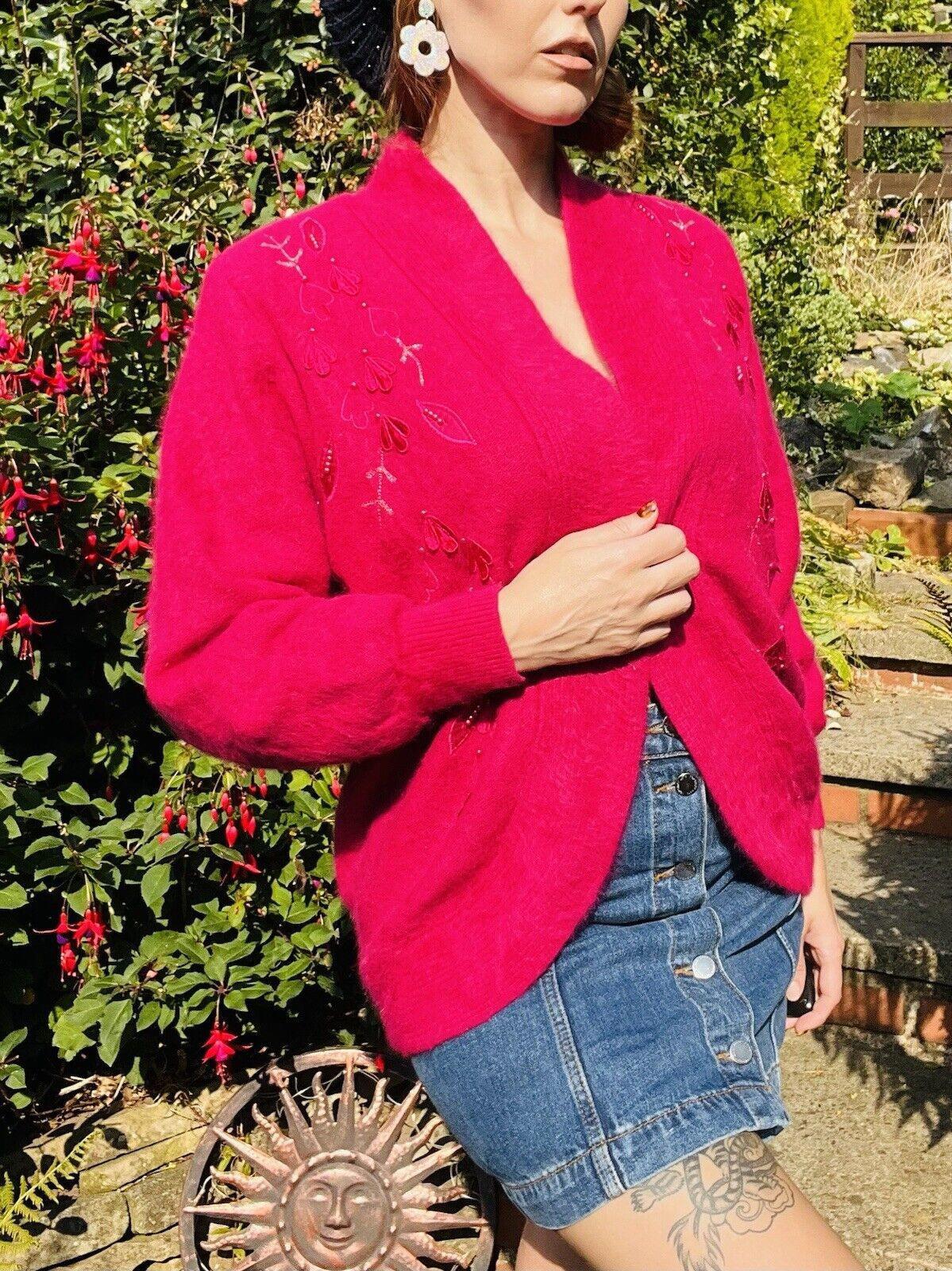 Vintage 1980s Retro Cardigan Fluffy Woolly Knit 1980s Warm Winter Jumper Size M