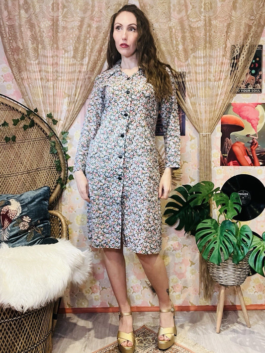 Vintage 1960s Shirt Dress Size 14 Ditsy Floral Long Sleeve  With Pockets