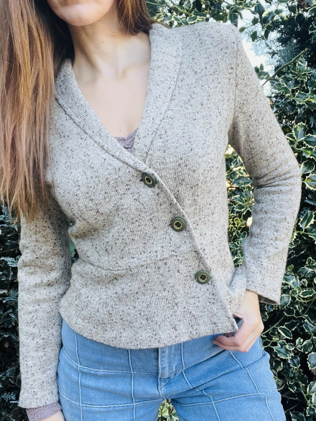 Vintage 1970s Knitted Cardigan, Retro Wool Knit Fitted Jacket Beige Size 10