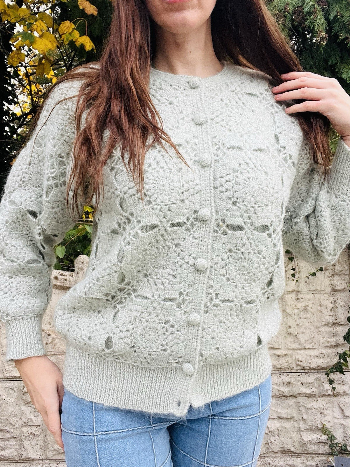 Vintage Crochet Cardigan Green Size 10-12 M By Precise Boho Cottagecore Jumper