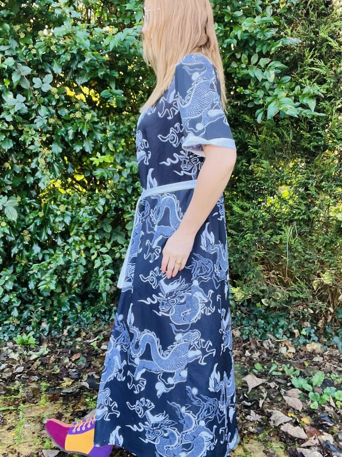 Vintage 70s Oriental Kimono Japanese Robe Dragon Flame Design Dressing Gown 12