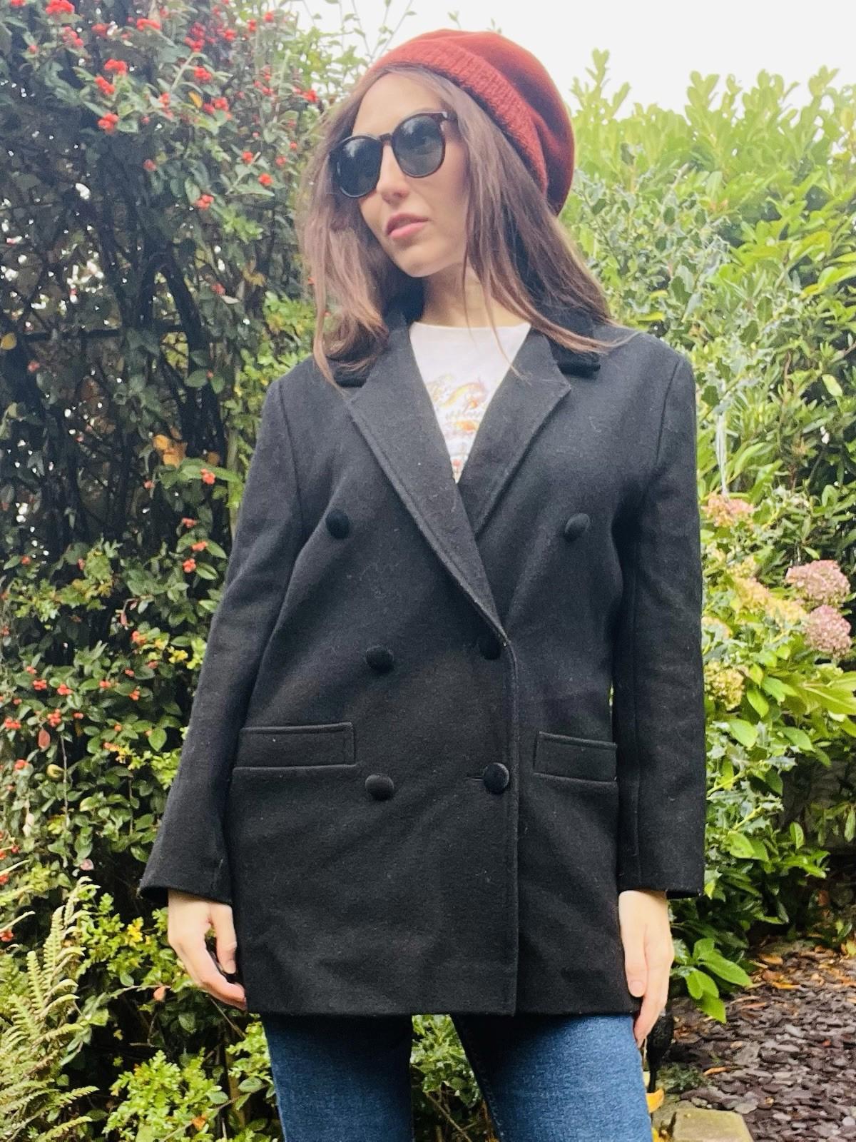Vintage 70s Winter Coat By Etam Warm Black Jacket With Velvet Collar Size 14