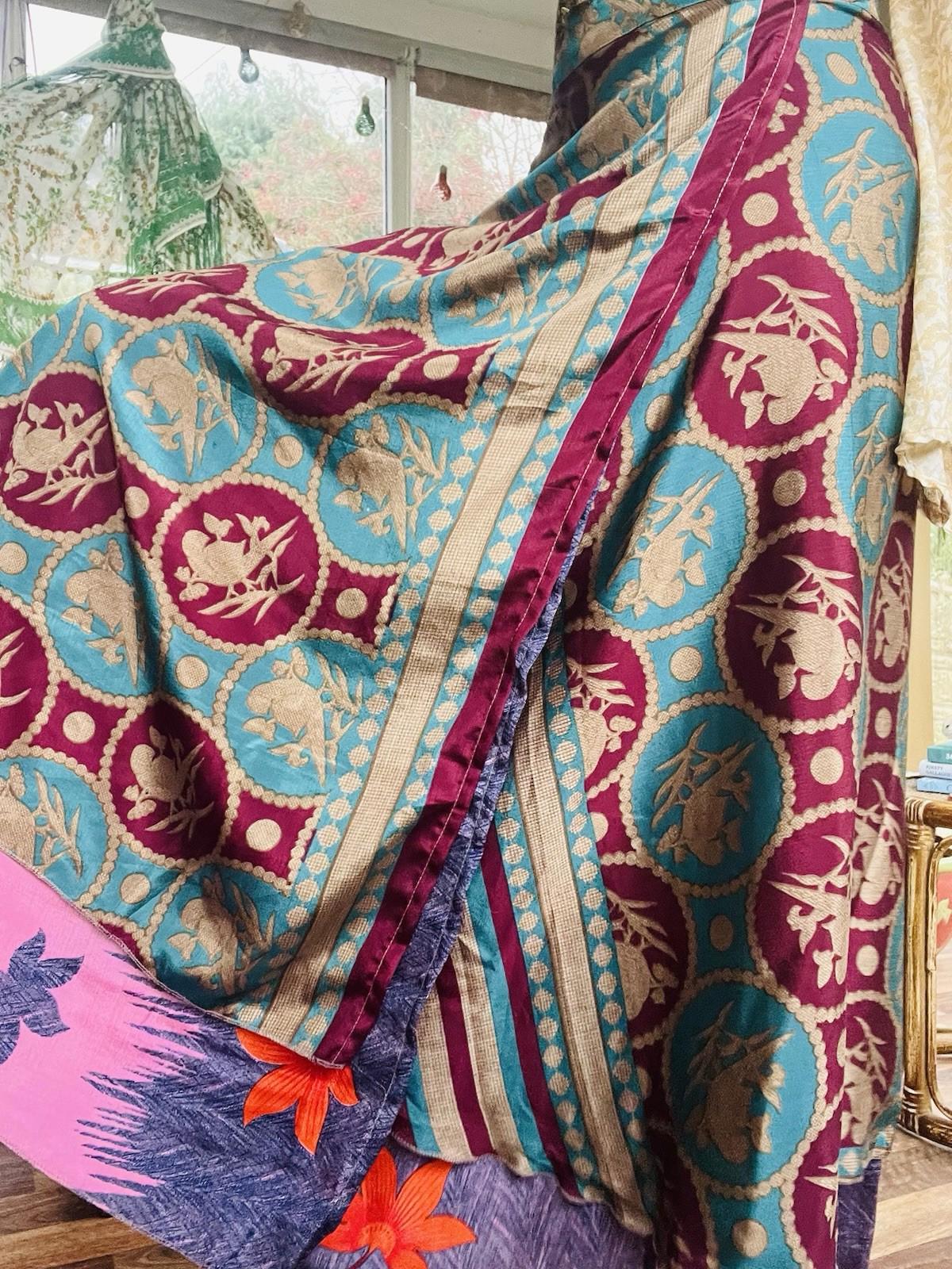 Layered Hippie Maxi Skirt Vintage Sari Silk Hippie Boho Long Gypsy Wrap Skirt